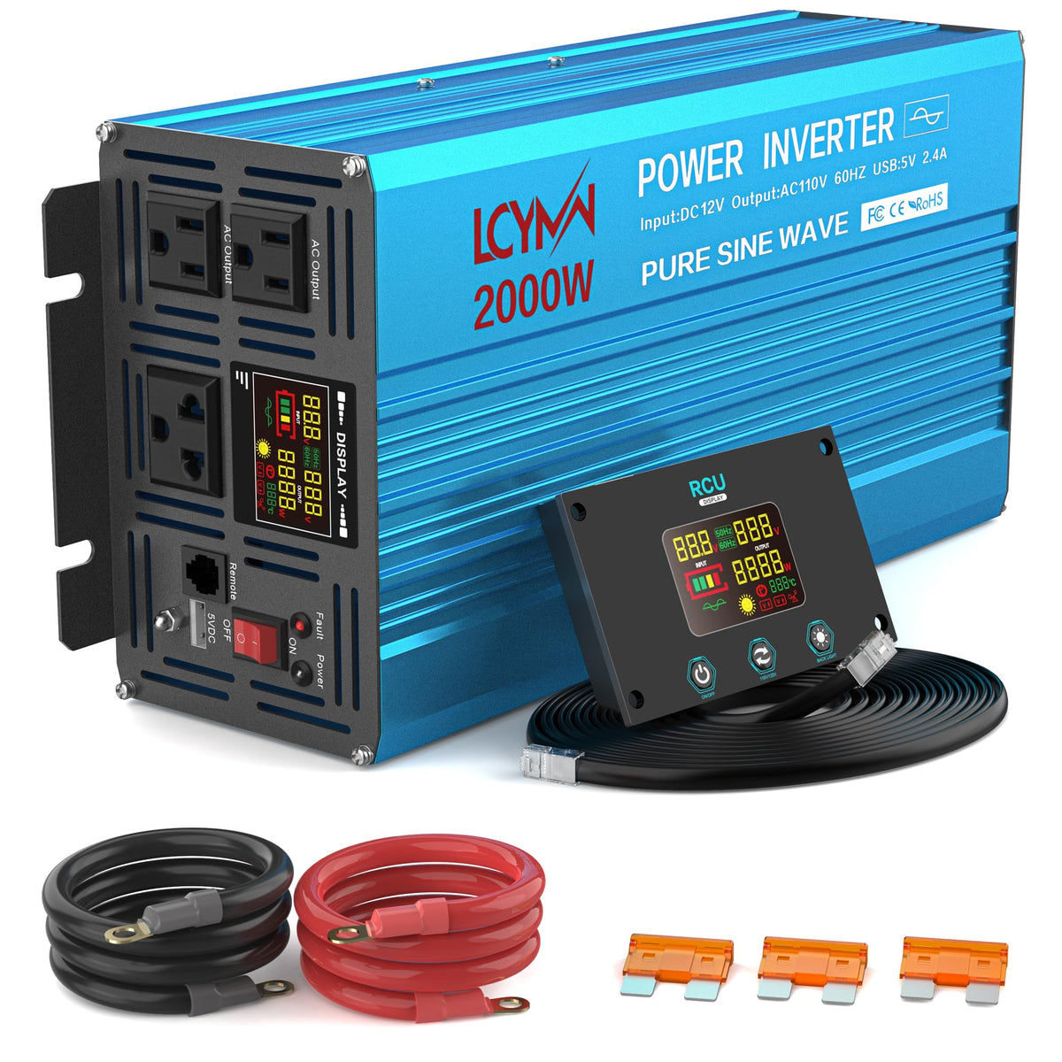 4000 Watt Pure Sine Wave Power Inverter DC 24V to 110/120V AC with 2 AC Charger Outlets and Wiring Terminal 8000W Peak Car Solar Converter for Vehicles Home with LCD Display and 2.4A USB Charging Port