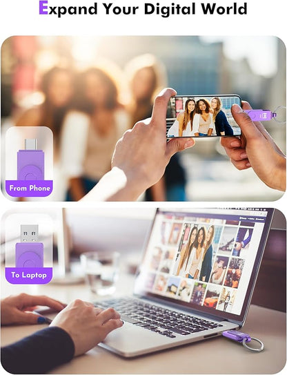 MOSDART 256GB USB3.1 Fast Speed C and A Dual Flash Drive, exFAT Memory Stick with Keychain and LED Indicator, for iPhone 15 and 16, Android Phone, iPad, MacBook, and Other Laptops, Purple