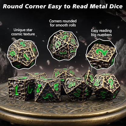 PJOY Metal Dice Set D&D for Dungeons and Dragons Green Metal Druid DND Dice with Case Meteorite Bronze 16mm 7PCS Role Playing Cool DND Gifts for Players DM Game Masters