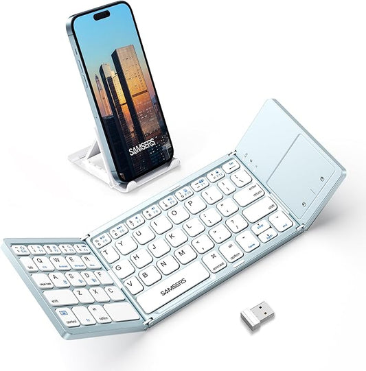 Samsers Multi-Device Foldable Bluetooth Keyboard with Touchpad, Rechargeable Folding Keyboard with Holder, Portable Travel for Android Windows iOS Mac OS, Support 3 Devices - Blue