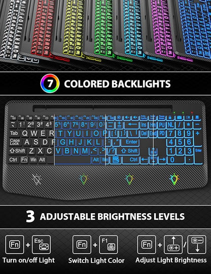 Wireless Keyboard and Mouse Backlits, Wrist Rest, LED Mouse, Rechargeable Ergonomic Keyboard with Phone Holder, Silent Light Up Combo for Computer, Mac, PC, Laptop, Chromebook (Black Large Print)