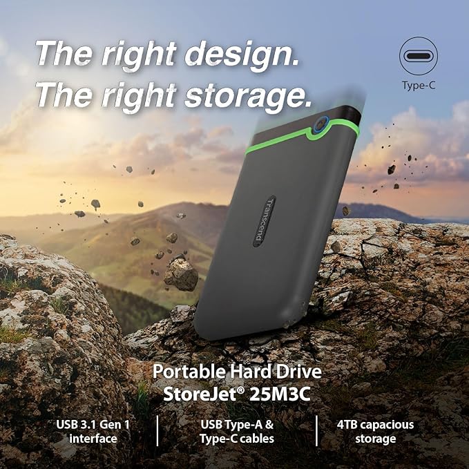 Transcend 4TB SJ25M3C, USB 3.1 Portable Hard Drive Rugged, Anti-Shock Resistant, Compact and Lightweight with Lightning-Fast Speeds, One Touch Backup Button, Type C, Iron Grey - TS4TSJ25M3C