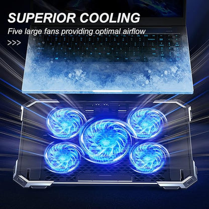 Upgrade Laptop Cooling Pad,Gaming Laptop Cooler with 5 Quiet Fans,2 USB Ports,5 Adjustable Stand Height,Blue LED Lights,for 15.6 Inch Laptops