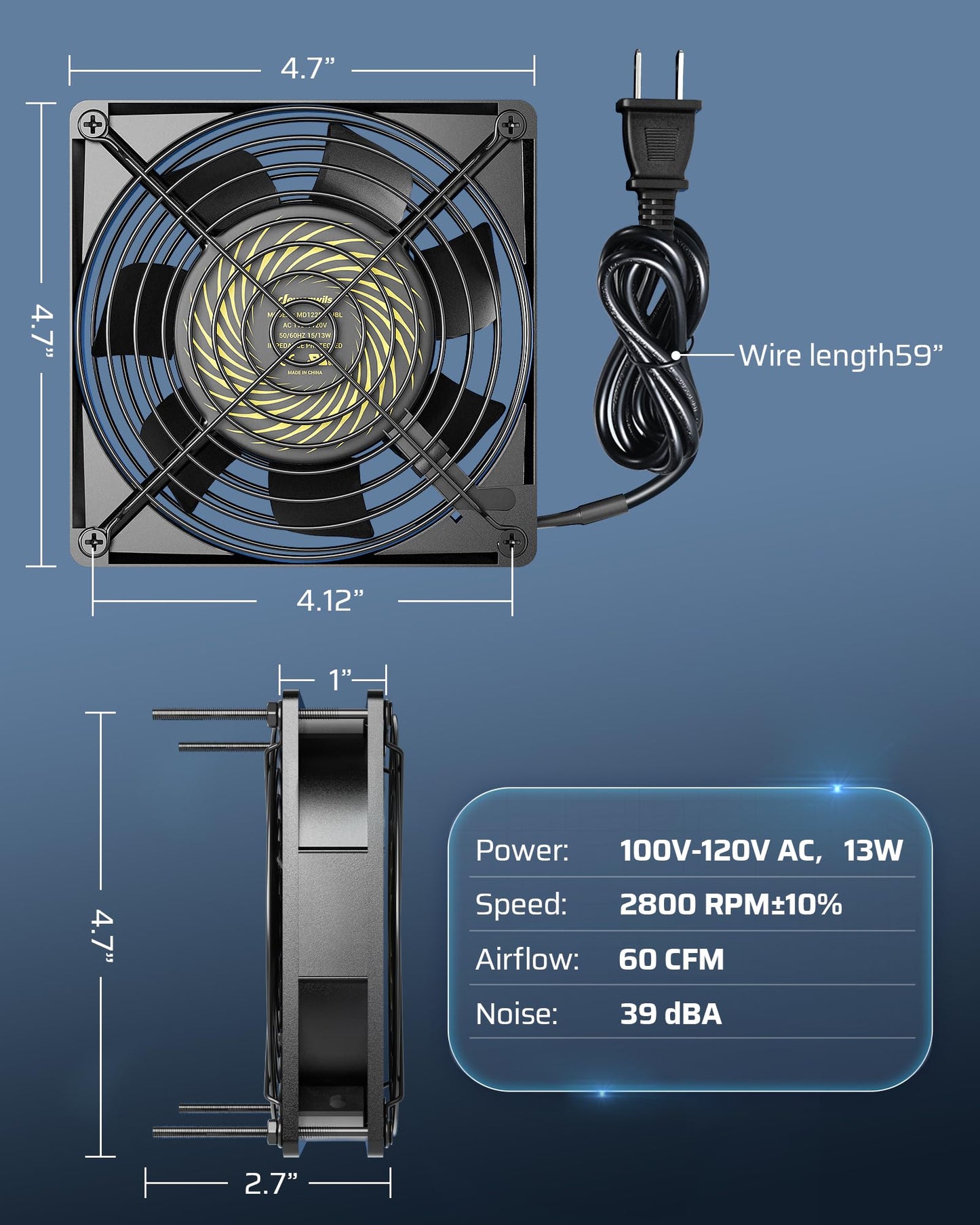 DEWENWILS 120V AC Fan, Waterproof Exhaust Fan 120mm, 13W 2800RPM 60CFM, DIY Cooling Fan for Refrigerator, Computer Case, Compressor Engine, Generator, UL Listed