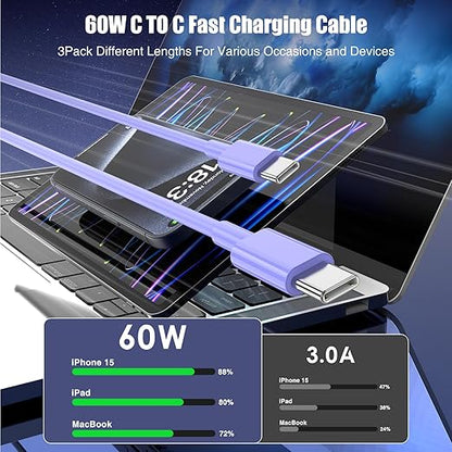 3-Pack Purple [3.3FT+6.6FT+10FT] 60W USB C to USB C Cable, Type C Fast Charging Cable for iPhone 16 15 Pro Plus Pro Max，for Galaxy S24 S23, for iPad Pro/Air, for MacBook Pro/Air and More
