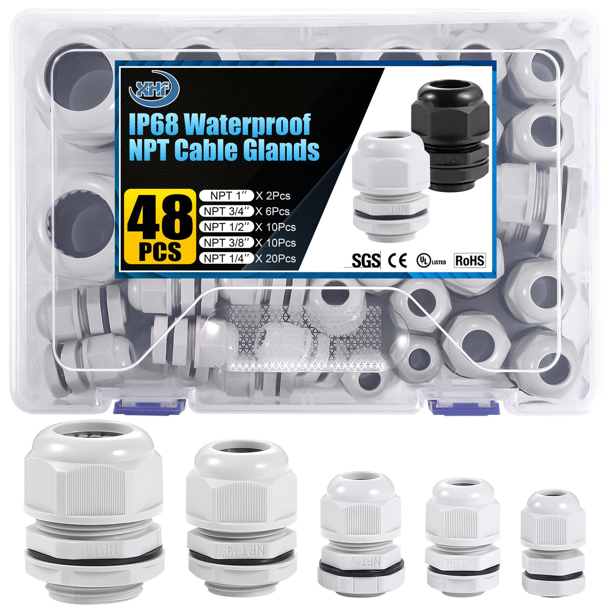 XHF 5 Pcs 3/4" IP68 Strain Relief Nylon Cord Grip NPT Cable Glands Adjustable UL Listed and RoHS Compliant (Black)