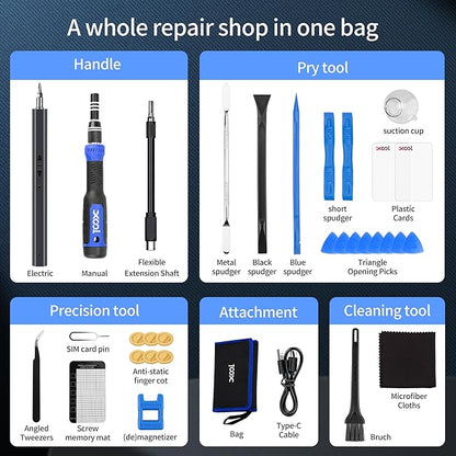 XOOL 150 in 1 Electric Screwdriver Set Precision Screwdriver Set with 120 Magnetic Bits, Rechargeable 2 Gears Torque Power Screwdriver Kit for Electronics, Computer, Laptops, Phone, PC, Game Console
