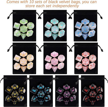 DND Dice, 10 X 7 (70 Pieces) Polyhedral Dice Set for Dungeons and Dragons DND RPG MTG Table Games D4 D6 D8 D10 D% D12 D20 with 10 Pack Black Bags