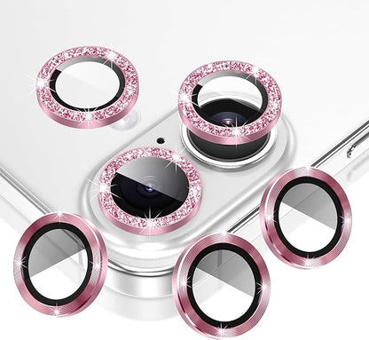 AGVEE 3+3 6 Pack for iPhone 16 6.1" / 16 Plus 6.7" Camera Lens Cover Protector, Bling Glitter & CD-Textured Metal Ring 9H Tempered HD Glass Camera Cover Protector Film, Glitter-Pink