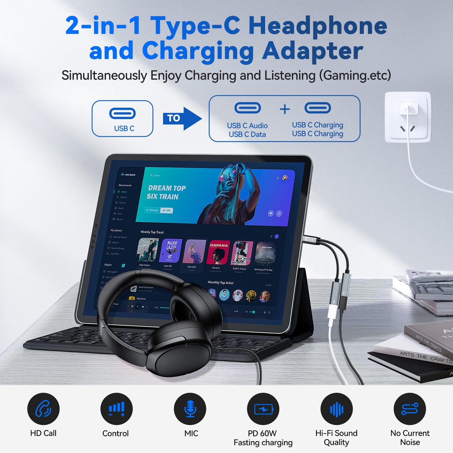 Dual USB C Audio Adapter and Charger Audio Adapter,2 in 1 Hi-Res 16bit/48kHz DAC Aux to USB C with 60W PD Fast Charging Dongle Cable for iPhone 16 Pro Max, Galaxy S25Ultra, iPad Pro(USB-USB, 3Pack)