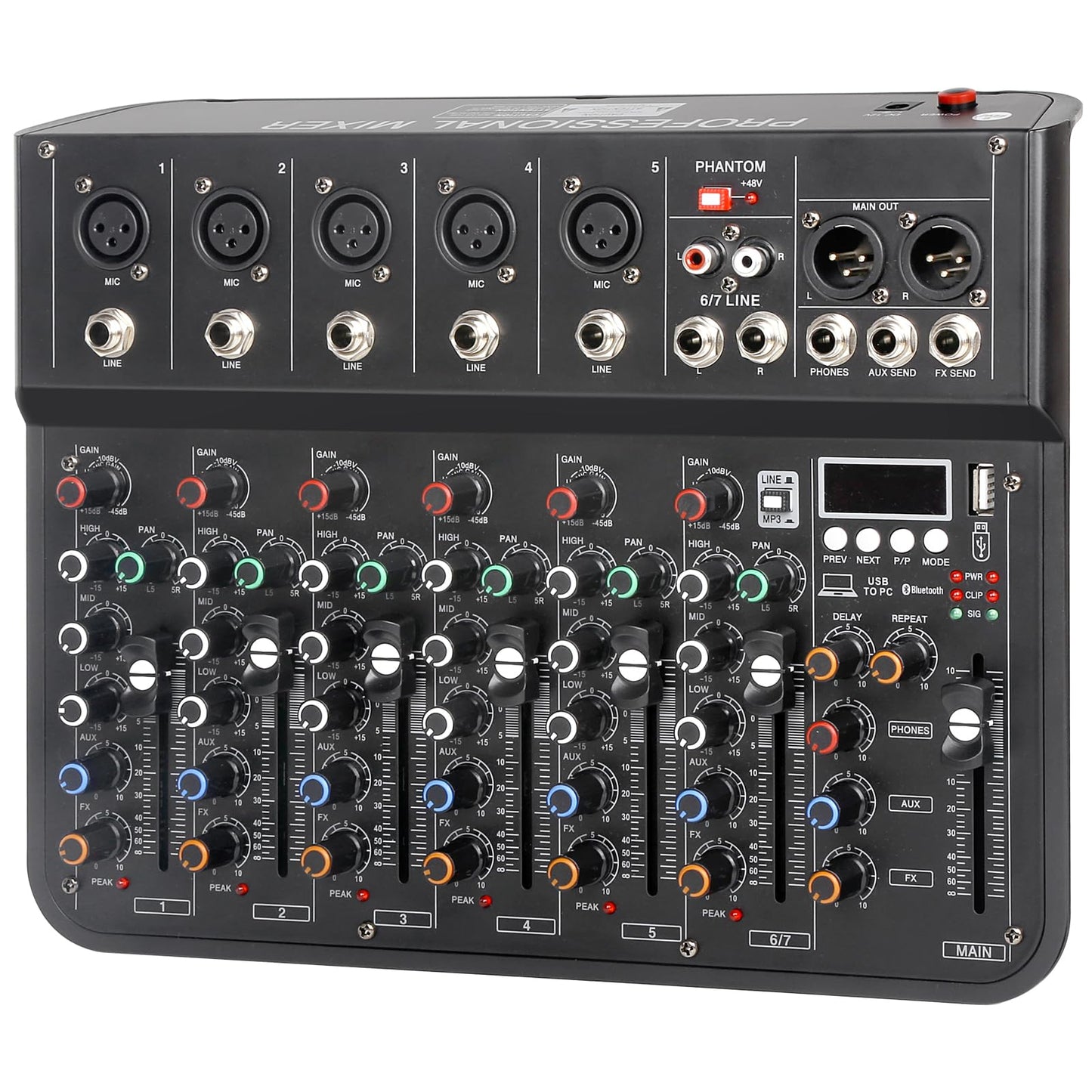 Jindaaudio 7 Channel mixer, DJ Mixer Board, Audio Sound Card with Interface Recording and 48V Phantom Power, Sounds Mixer Board with FX Reverb Delay Effect for Streaming