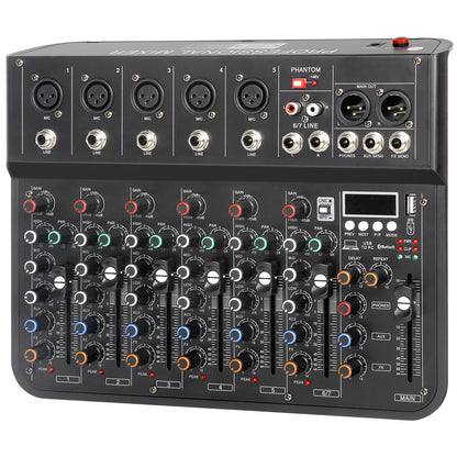 Jindaaudio 7 Channel mixer, DJ Mixer Board, Audio Sound Card with Interface Recording and 48V Phantom Power, Sounds Mixer Board with FX Reverb Delay Effect for Streaming