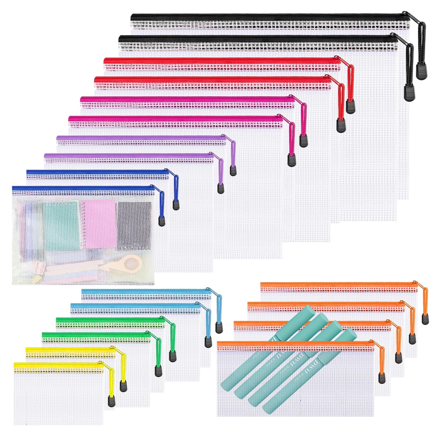 Krvyrn Multisize Mesh Zipper Pouches (20 Packs 9 Sizes) for Storage and Organization, Waterproof Mesh Pouches for Puzzle, Board Game, Toys, Travel, School, and Office Supplies