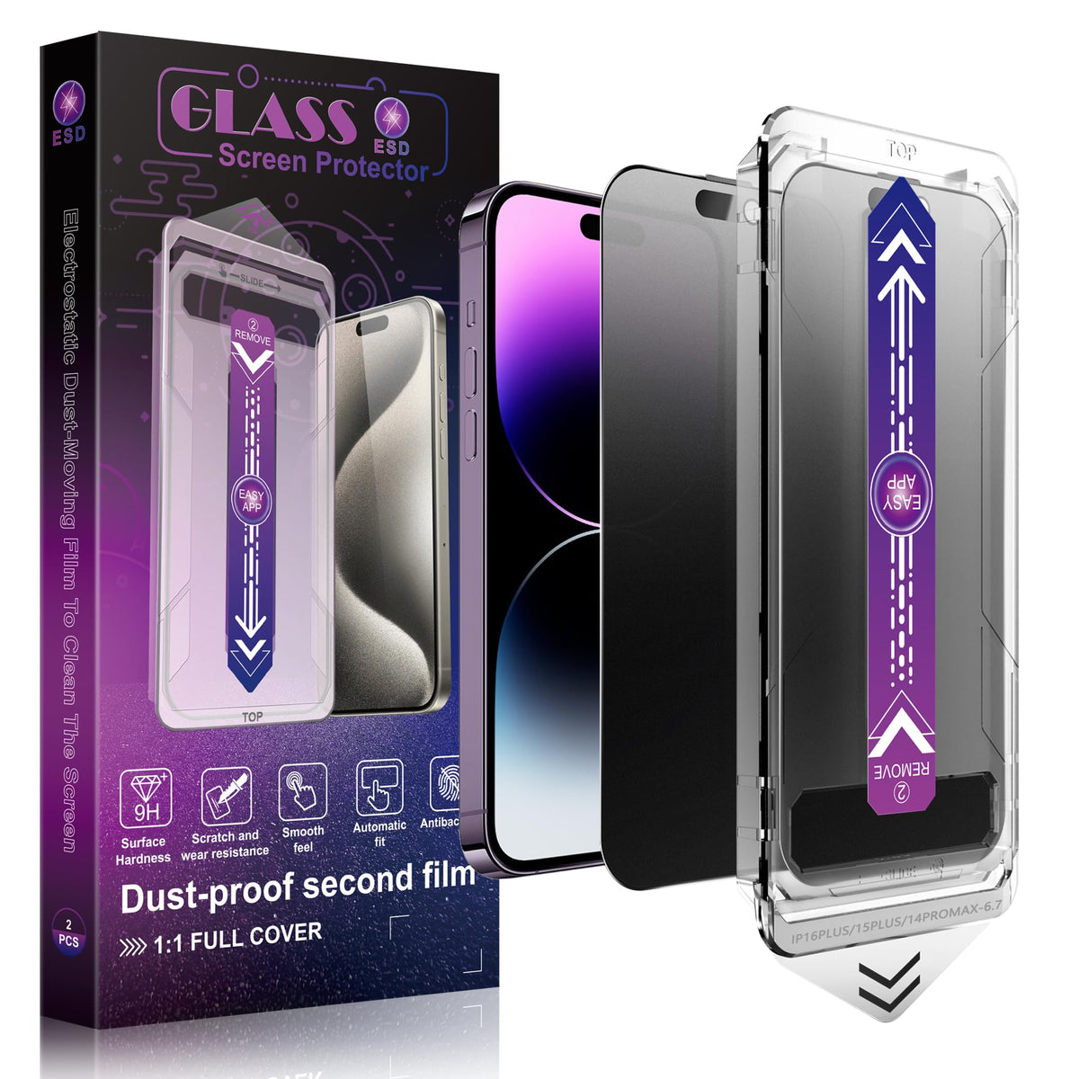 SHANG PIN JIA 2 Pack Screen Protector Tempered Glass for iPhone 15 Pro Max 6.7-Inch Auto Dust Removal, No Bubbles, High Definition Clear, Easy Installation