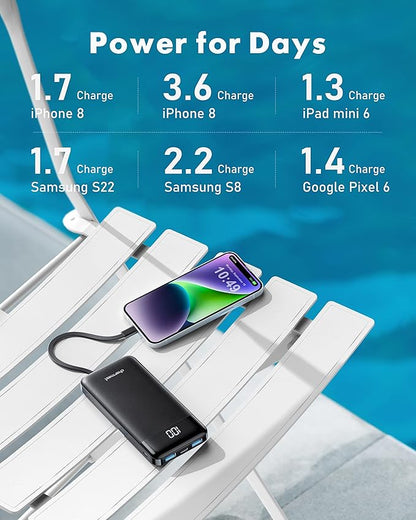 2 Packs Portable Chargers with Built in Cables, 2PCS Slim 10000mAh Travel Essentials Battery Pack 6 Outputs 3A Power Banks for iPhone Samsung Pixel LG Moto iPad