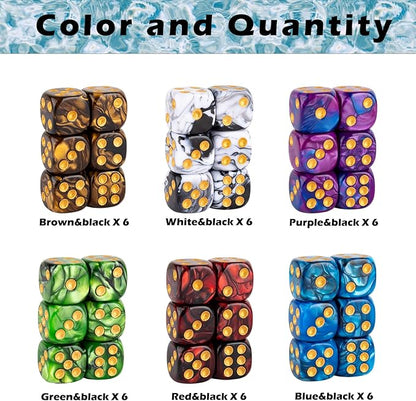 36 Pieces 16mm Marble D6 Dice 6 Sided Dice Set Round Corner Board Game Dice for MTG DND Tenzi Farkle Yahtzee Bunco or Math Learning