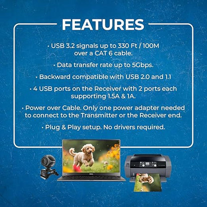 OREI USB 3.2 Over Ethernet HDbaseT Cat6 Extender LAN Upto 330 Feet - Extends 4 Ports USB-A Signal Over LAN Ethernet - Power Over Cable for Long Distance Extension Supports All Operating System