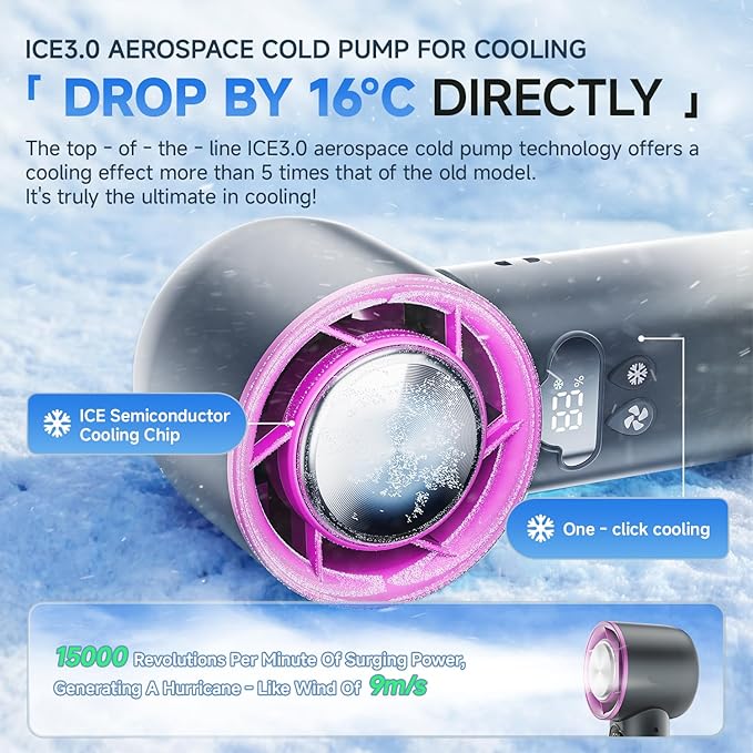 [2025 Upgrade Portable Cooler Handheld Fan, [Coldest Turbo Hand Fan] 15000RPM 24H Max Cooling Time Highly Speed (1-100) Hand Fan, Collapsible Mini Small for Travel, Office (Grey)