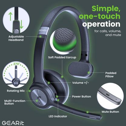 GEARit Wireless Bluetooth Headset with Mic - 35 Hrs Talk Time - for Trucker, w/Noise Cancelling Microphone & Mute Button - Easy to Set Up Wireless for Work, Phone Calls, Homes, Offices