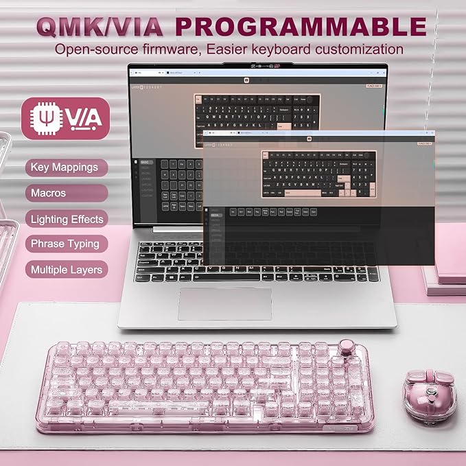 YUNZII X98 QMK/VIA Wireless Mechanical Gaming Keyboard with Knob,Tri-Mode BT5.0/USB-C/2.4GHz Hot Swappable Keyboard,Pre-lubed Switches Gasket Mount RGB Backlit for Wins/Mac (Pink, Snow Switch)
