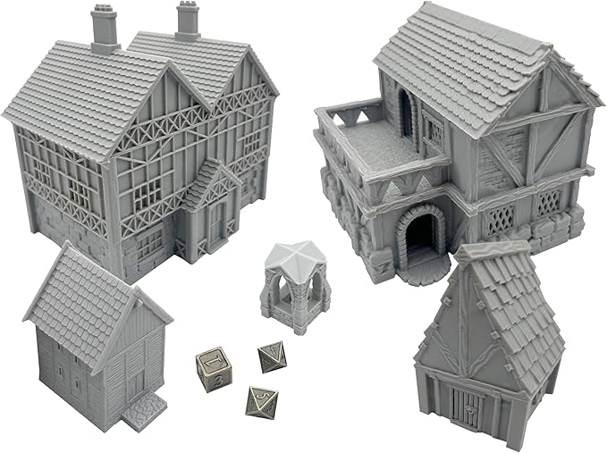 Paintable Tabletop Miniature Little Town Building Terrains Compatible with RPG War Games - 18mm Scale Dioramas Building Set Scenery with Medieval Architecture Style by HAUTICO (HVillageHouses4-1)