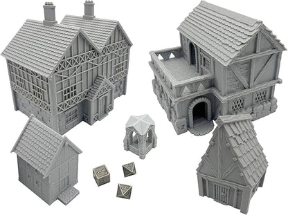 Paintable Tabletop Miniature Little Town Building Terrains Compatible with RPG War Games - 18mm Scale Dioramas Building Set Scenery with Medieval Architecture Style by HAUTICO (HVillageHouses4-1)