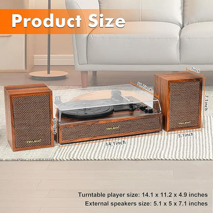 Vinyl Record Player with External Speakers, 3 Speed Vintage Stereo Turntable for Vinyl Records, Bluetooth Input, Auto Stop & Belt Driven System, RCA Out and Aux in - Brown Wood