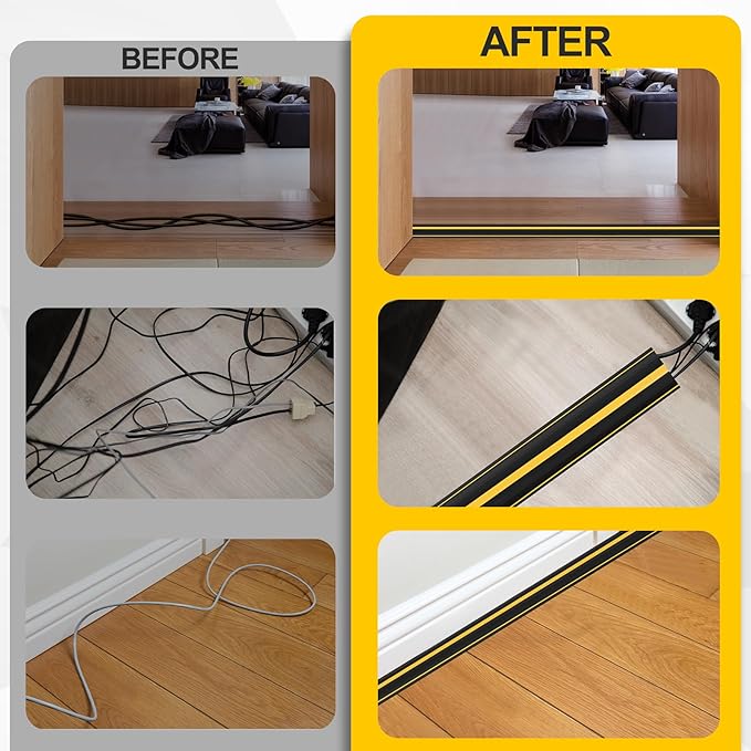 Floor Cord Cover 10Ft 2Pcs Heavy Duty PVC Floor Cable Protector Electric Cord Hider Cable Management Floor Strip Extension Cord Covers Cable Raceway for Wires on Floor Inner Channel 1.36" W x 0.43" H