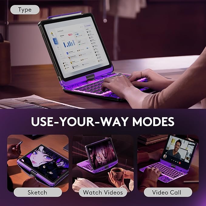 GUSGU Transparent Case with Wireless Keyboard for iPad Air 13-in.(M3/M2, 2025/2024), 7 Colors Backlight, Trackpad, 360°Rotating Stand for iPad Pro 12.9-in (6/5/4/3 Gen), Tech Style