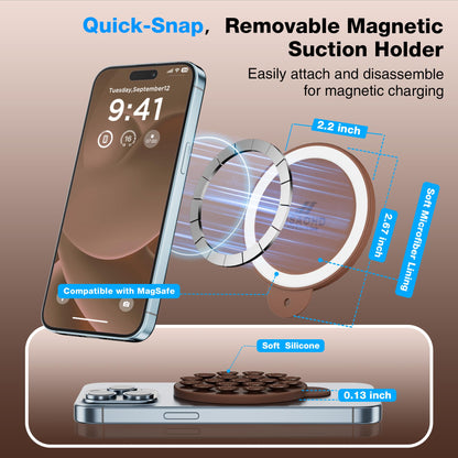 HSAOHD Magnetic Suction Cup Phone Mount with MagSafe, Silicone Hands-Free Grip Holder for iPhone Case and Android, Mirror Shower Phone Stand for Makeup FaceTime Gym Kitchen Bathroom, Chocolate
