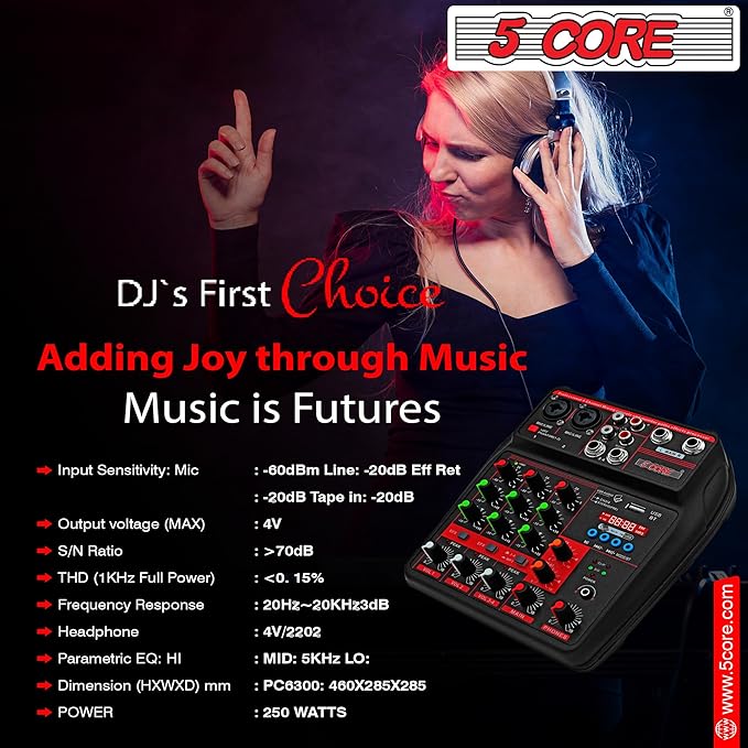 5 Core Audio Mixer 4 Channel DJ Mixing Board Small Bluetooth USB Analog Mezclador De Audio w Phantom Power Console for Live Recording Podcast Karaoke PARENT MX 4CH (Black)
