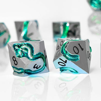 RULE DICE Metal DND Dice Set for Dungeons and Dragons - Polyhedral D&D Dice Set with Green Serpent Design - Balanced D&D Dice for RPGs, TTRPGs - Heavy Duty Zinc Alloy Construction 7 Dice Set