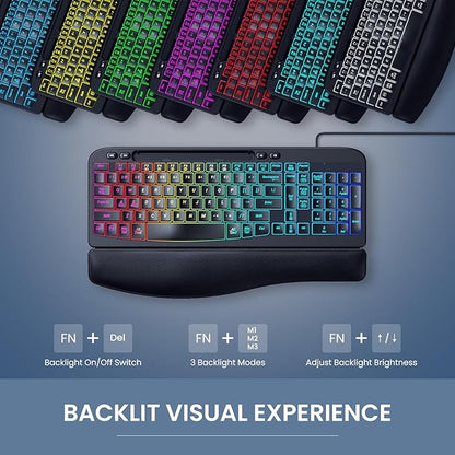 Ergonomic Backlit Keyboard with Wrist Rest, 7 Colors USB Wired Computer Keyboard, Wave Keys, with Phone/Tablet Holder, Comfortable Lighted Keyboard for PC, Windows and Mac