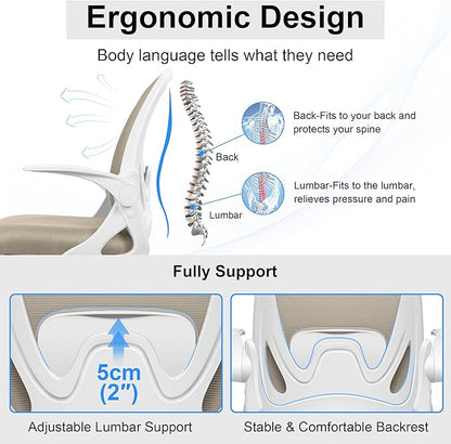 Drafting Chair Tall Office Chair with Flip-up Armrests, Adjustable Height, and Enhanced Lumbar Support - Ergonomic Rolling Stool, Back Support, and Adjustable Foot Rest Ring for Standing Desk Khaki