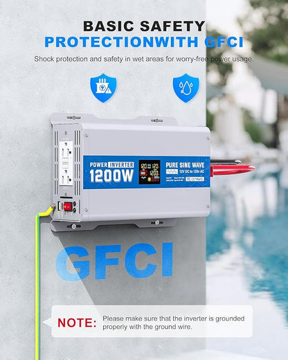 1200W Pure Sine Wave Power Inverter 12V DC to 120V AC Converter 2400 Watt Peak Power Multi-Display Screen with 2 GFCI Outlet 30W USB and 18W Type-C for Car RV Truck Boat Off-Grid, Gray Blue