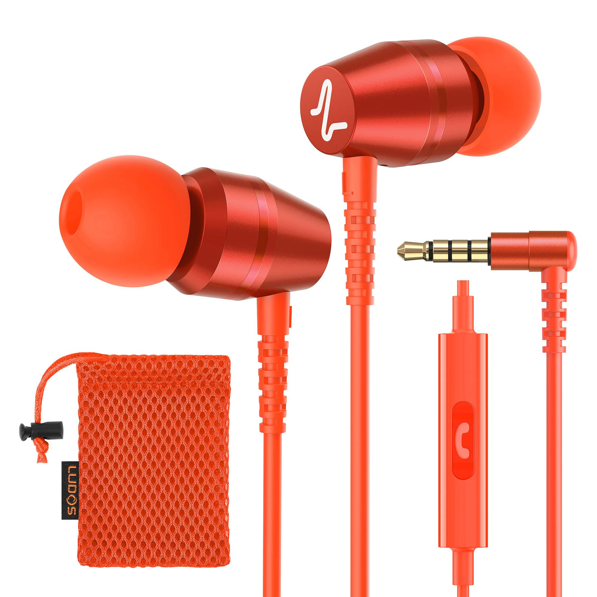 LUDOS OMNITONE Wired Earbuds in-Ear Headphones, 5 Year Warranty, Earphones with Microphone, 3.5 mm Jack Corded Ear Buds, Videoconference for iPhone, Samsung, Laptop, Kids, School Students - Red