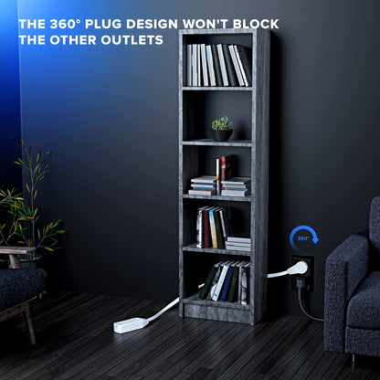 Maximm Cable 2 Ft 360° Rotating Flat Plug Extension Cord, 16/3 AWG Multi 3 Outlet 3-Prong Grounded Wire- White - UL Certified