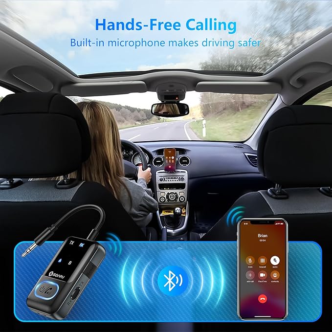 SONRU Bluetooth 5.3 Transmitter Adapter for Airplane 2-in-1 Wireless Bluetooth Audio Transmitter Receiver for 3.5mm Aux Jacks on Flight/TV/Gym Equipment, for up to 2 Wireless Headphones, Cell Phones