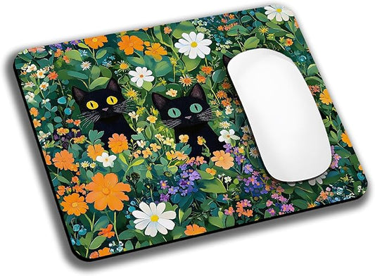 Cute Flowers Black Cats Mouse Pads for Desk, Portable Wireless Computer Mouse pad Small Design with Women, Non-Slip Rubber Base Laptop Mousepad 9.5" x 7.9" Smooth Surface for Office & Travel