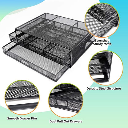 Computer Monitor Stands with Drawers, Metal Mesh Desktop Monitor Riser, Desk Storage Organizer with Drawers for PC, Laptop, Printer (Black)