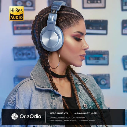 OneOdio A70 Bluetooth Over Ear Headphones, Wireless Headphones w/ 72H Playtime, Hi-Res, 3.5mm/6.35mm Wired Audio Jack for Studio Monitor & Mixing DJ Guitar AMP, Computer Laptop PC Tablet - Sky Blue