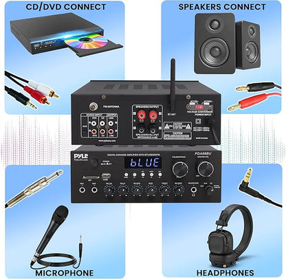 Pyle Stereo Amplifier Audio Receiver with Remote Control - Bluetooth Streaming, MP3/USB/SD/FM Radio, 2.0 Channel HiFi Sound System with RCA/Aux Inputs, Microphone & Headphone Jacks, Adjustable Bass