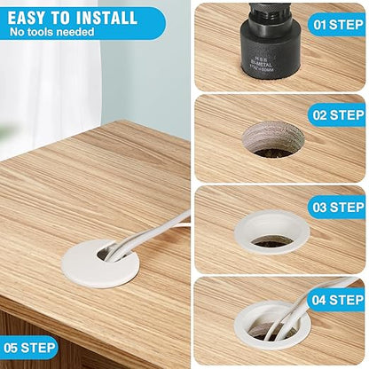 1-1/2" White Desk Grommet with Bi-Metal Hole Saw, JTemgle Plastic Cable Hole Cover Computer Table Cord Wire Organizer Caps, Desktop Cord Management for Home Office TV Stands Tabletops, 7 Pieces