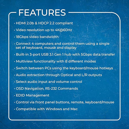 OREI 4x1 KVM HDMI Seamless Switch Multiviewer, Share Multiple Devices, PC, Computers, Phones, Gaming on One Display Monitor, Keyboard Control and USB 3.0 Peripheral Control