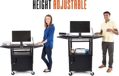 Line Leader Rolling AV Cart with Locking Cabinet, Laptop Stand, and Drop Leaves, Height Adjustable Mobile Utility Cart Workstation with Extra Storage Space, UL-Listed Power Strip (Black / 46 x 18)
