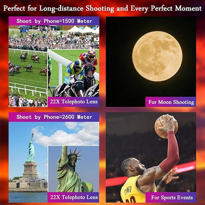 Phone Camera Lens Kit 10 in 1 for iPhone Samsung Pixel Android, 22X Telephoto Lens, 0.62X Super Wide Angle Lens&25X Macro Lens, 235° Fisheye,Kaleidoscopes, Starlight，Tripod，for Most Smartphone Black