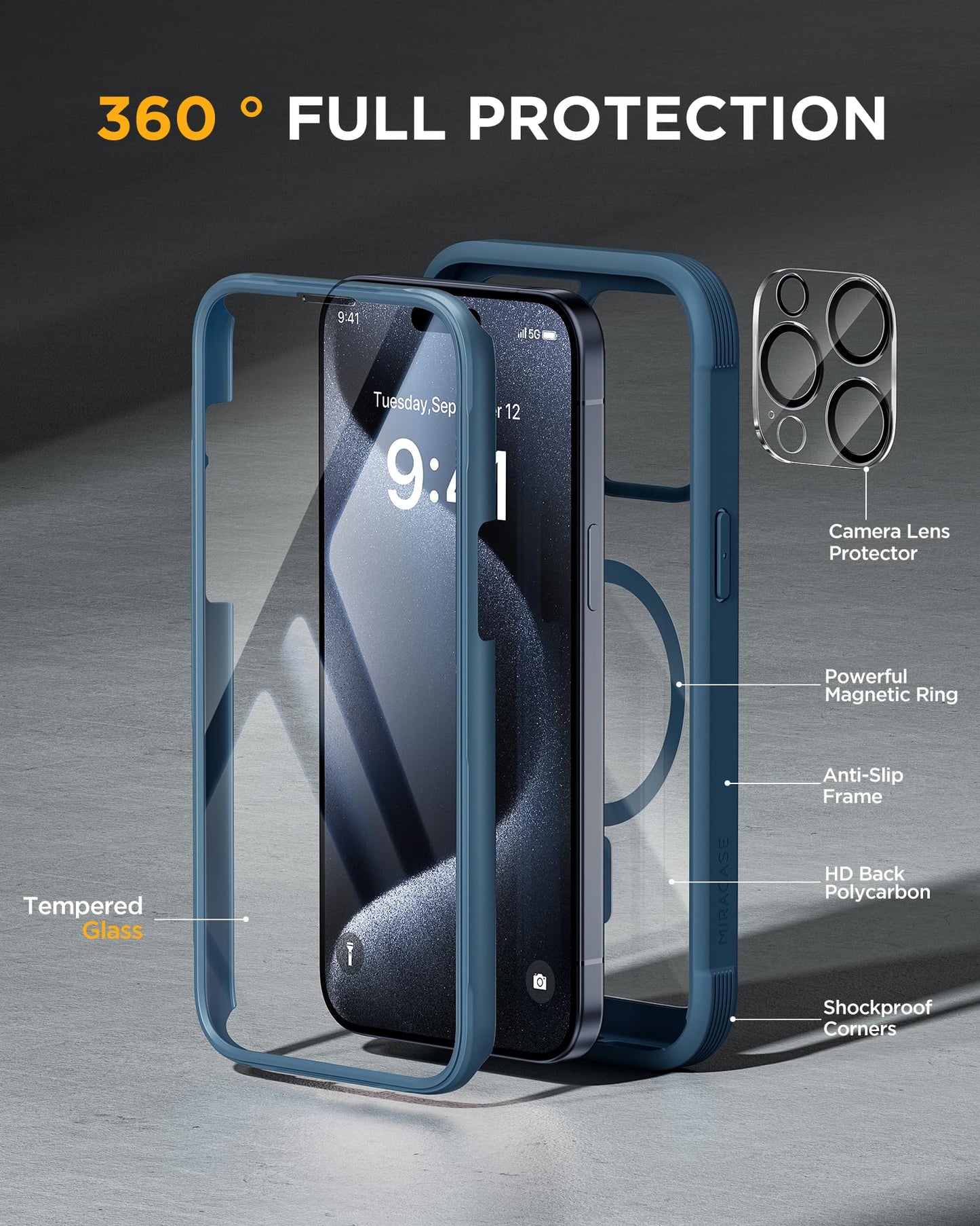 Miracase Magnetic for iPhone 15 Pro Max Case 6.7'' [Compatible with Magsafe] Full-Body Drop Proof Phone Case for iPhone 15 Pro Max with Built-in 9H Tempered Glass Screen Protector,Blue