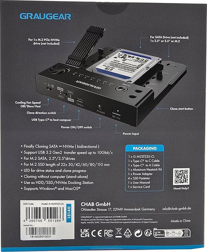 GRAUGEAR SATA SSD/HDD to M.2 NVMe Docking Station, USB-C 10Gbps Clone Station for M.2 NVMe SSD to SATA 2.5”/3.5” SSD & HDD Converter, Offline Cloning, Tool-Free, Built-in Cooling Fan