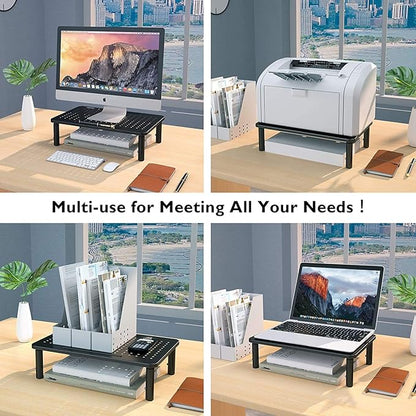 BONTEC 2 Pack 3 Height Adjustable Monitor Stand Riser with Pen Holder, Ergonomic Metal Laptop Stand with Cable Management, Desktop Stand for Computer, Printer, Monitor, Laptop, Black Steel, 14.5 in