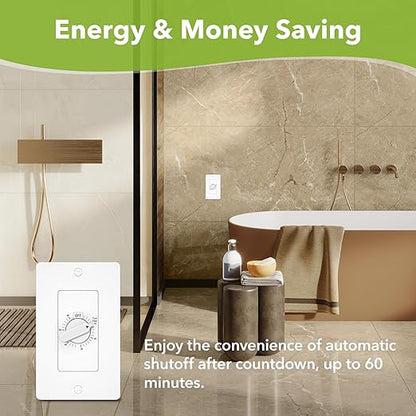 HBN 60 Minute Spring Wound Countdown Timer Switch for Bathroom Exhaust Fan, in-Wall Mechanical Light Switch Timer, No Neutral Required, Wall Plate Included, ETL Listed